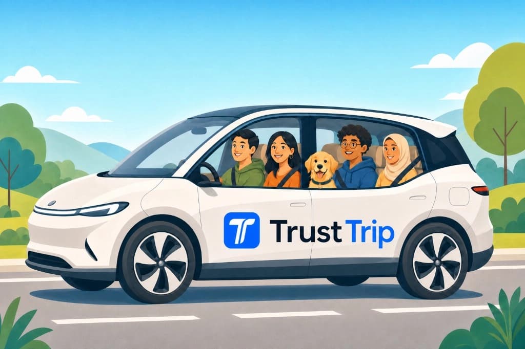 Illustrated TrustTrip car with smiling passengers and a dog. Brand mark on the door
