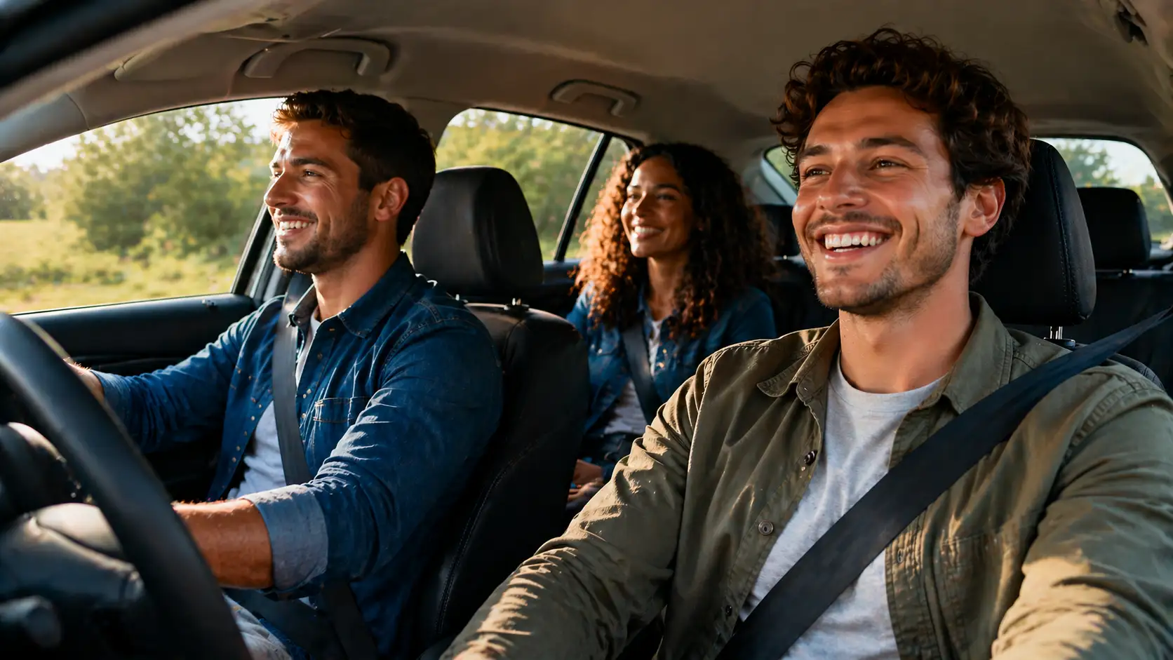 Four commuters gathered around a car before a shared ride